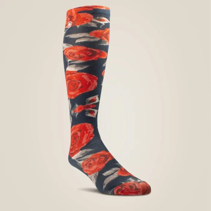 Red Roses Knee High Sock Vintage Rose Print Women Ariat Socks