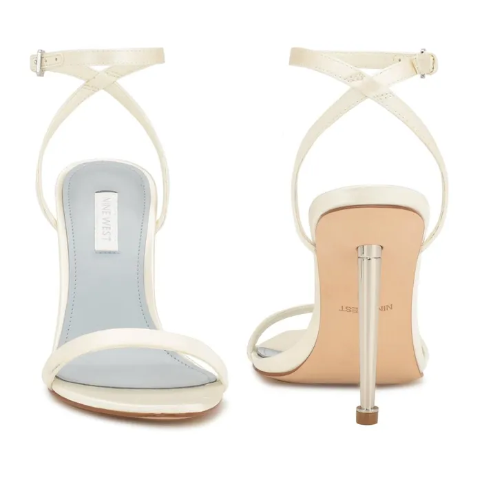 Reina Ankle Strap Sandals Ivory Satin Women Nine West Heeled Reina Ankle Strap Sandals Ivory Satin Women Nine West Heeled