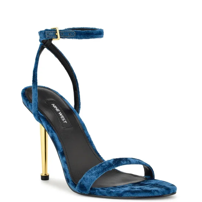 Reina Ankle Strap Sandals Medium Blue Velvet Women Nine West Dress Reina Ankle Strap Sandals Medium Blue Velvet Women Nine West Dress