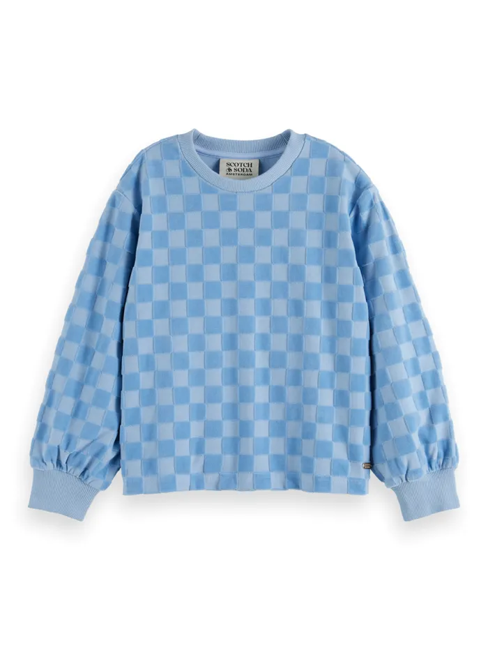 RELAXEDFIT VELOUR CHECKERBOARD CREWNECK Pacific Blue Kids Scotch and Soda Sweatshirts and Hoodies RELAXEDFIT VELOUR CHECKERBOARD CREWNECK Pacific Blue Kids Scotch and Soda Sweatshirts and Hoodies