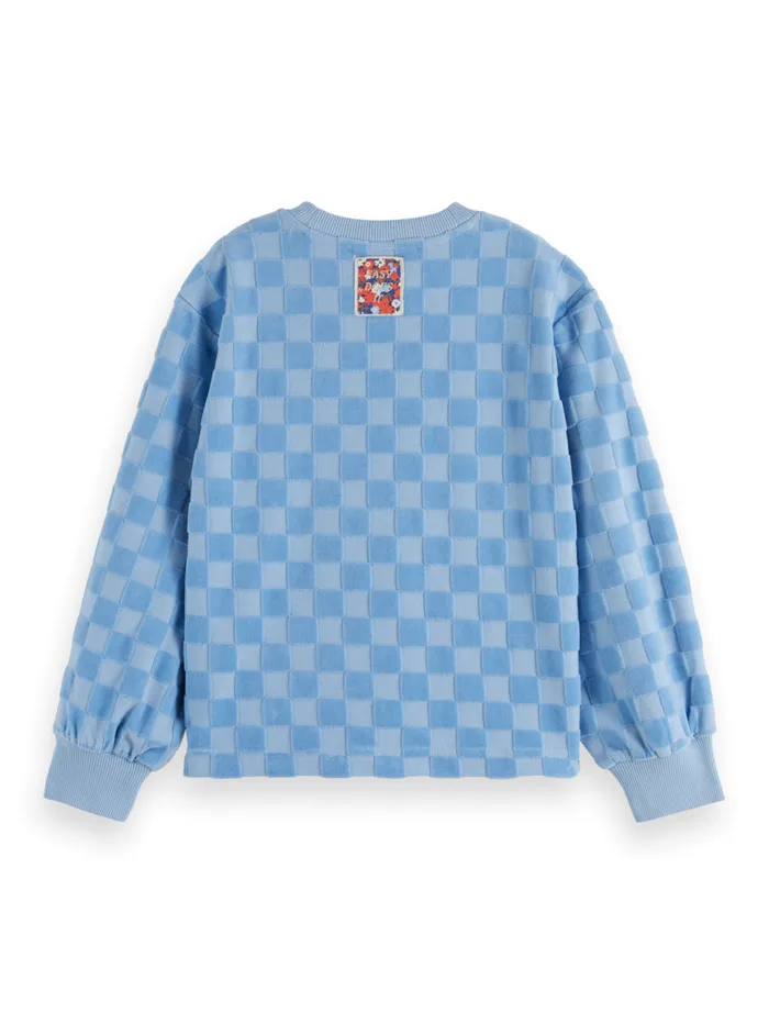 RELAXEDFIT VELOUR CHECKERBOARD CREWNECK Pacific Blue Kids Scotch and Soda Sweatshirts and Hoodies RELAXEDFIT VELOUR CHECKERBOARD CREWNECK Pacific Blue Kids Scotch and Soda Sweatshirts and Hoodies