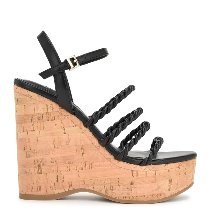 Renest Ankle Strap Wedge Sandals Black Women Nine West High Heels