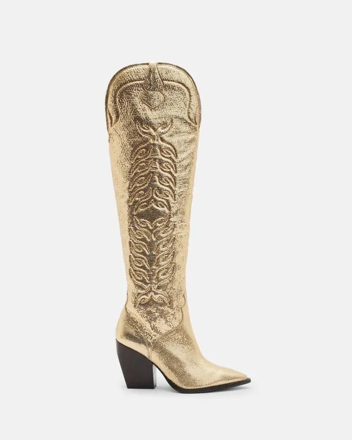 Roxanne Knee High Metallic Leather Boots Metallic Gold Women AllSaints Shoes and Boots