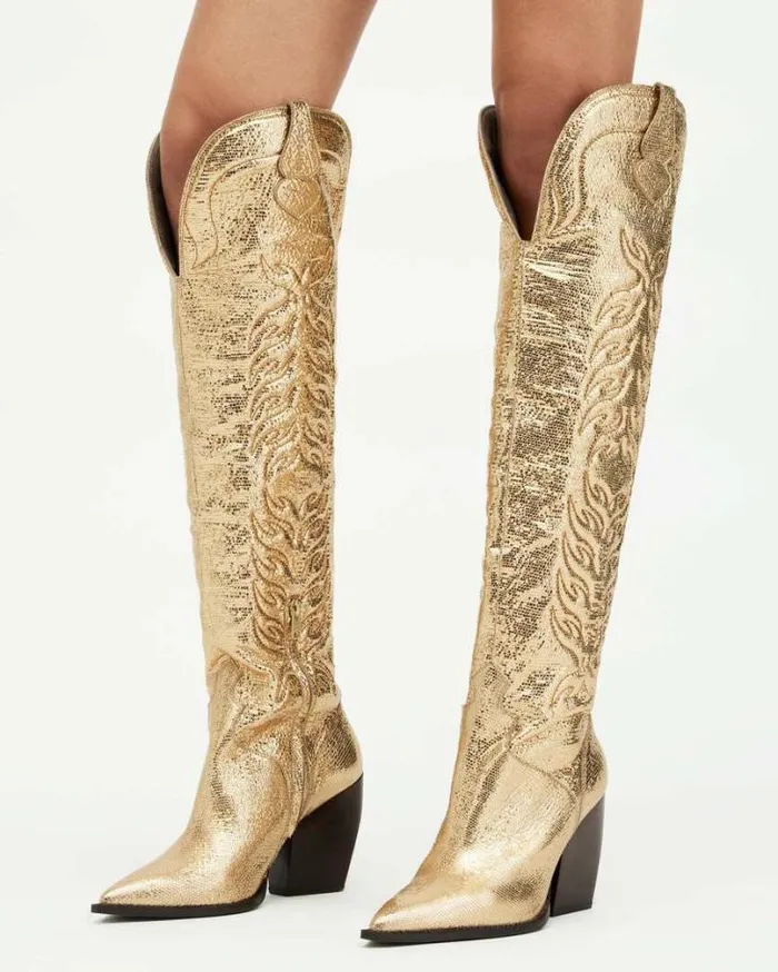 Roxanne Knee High Metallic Leather Boots Metallic Gold Women AllSaints Shoes and Boots Roxanne Knee High Metallic Leather Boots Metallic Gold Women AllSaints Shoes and Boots