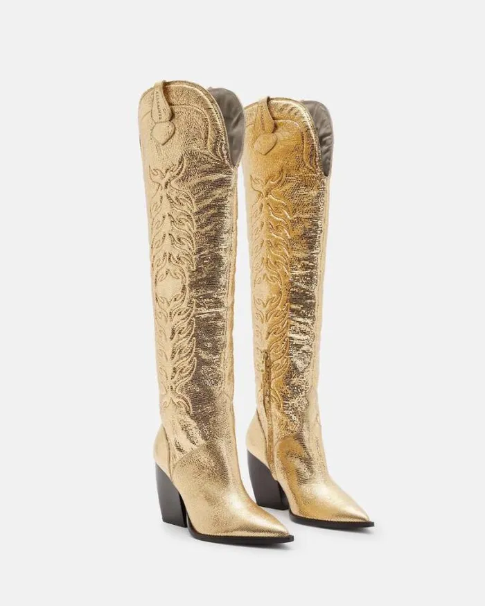 Roxanne Knee High Metallic Leather Boots Metallic Gold Women AllSaints Shoes and Boots Roxanne Knee High Metallic Leather Boots Metallic Gold Women AllSaints Shoes and Boots