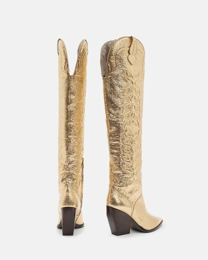 Roxanne Knee High Metallic Leather Boots Metallic Gold Women AllSaints Shoes and Boots Roxanne Knee High Metallic Leather Boots Metallic Gold Women AllSaints Shoes and Boots