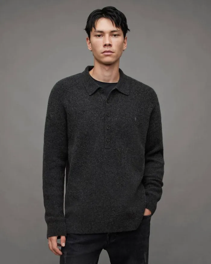 Shapley Long Sleeve Polo Neck Sweater Cinder Black Marl Men AllSaints Polos