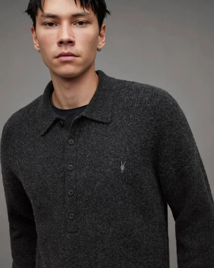 Shapley Long Sleeve Polo Neck Sweater Cinder Black Marl Men AllSaints Polos