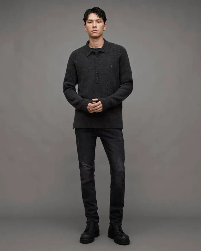 Shapley Long Sleeve Polo Neck Sweater Cinder Black Marl Men AllSaints Polos