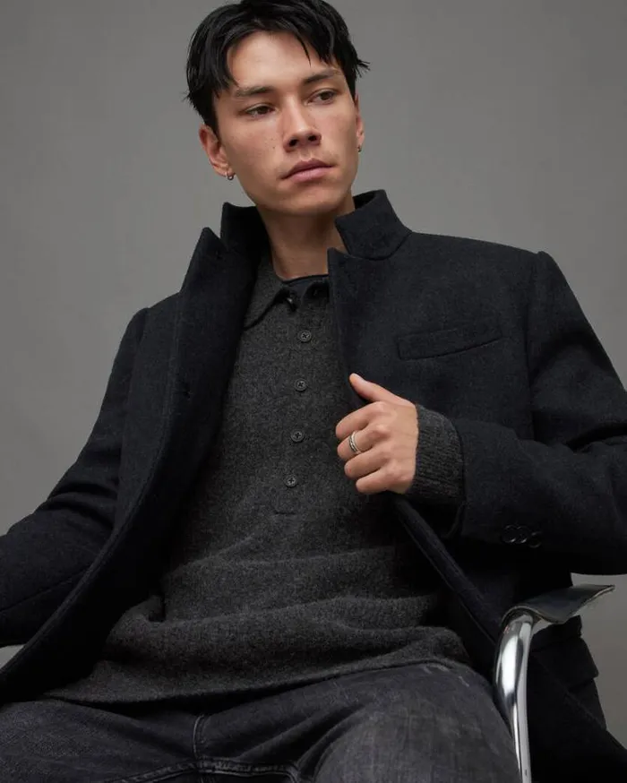 Shapley Long Sleeve Polo Neck Sweater Cinder Black Marl Men AllSaints Polos