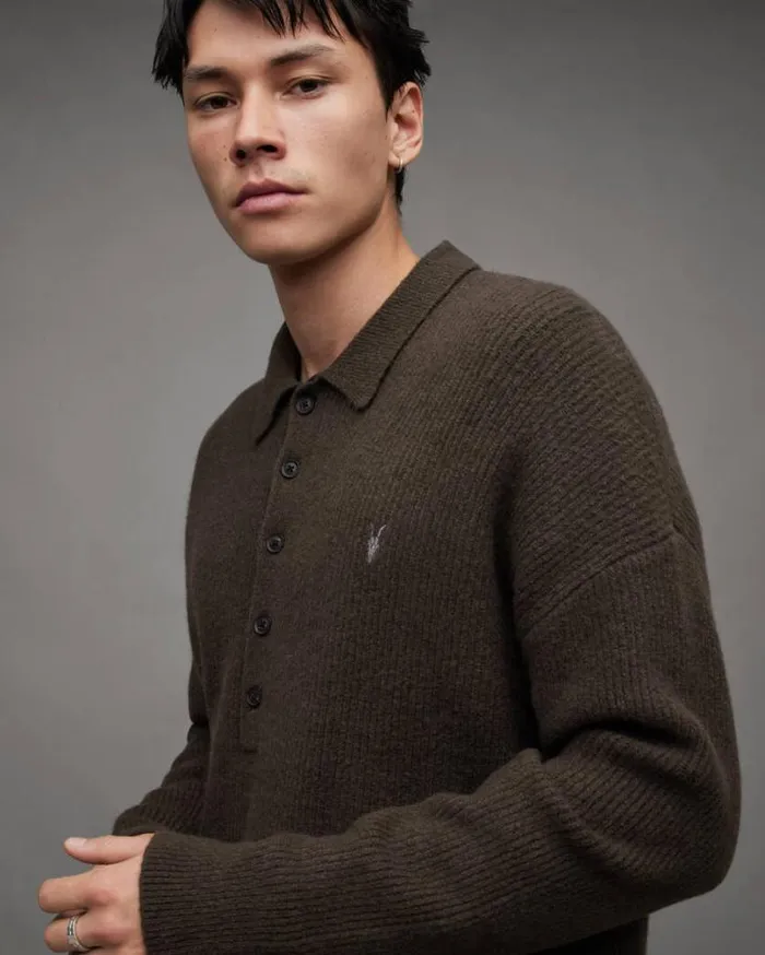 Shapley Long Sleeve Polo Neck Sweater Dark Ivy Green Men AllSaints Polos