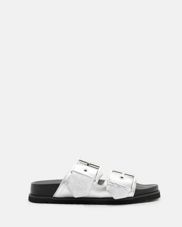 Sian Metallic Leather Sandals Metallic Silver Women AllSaints Shoes and Boots