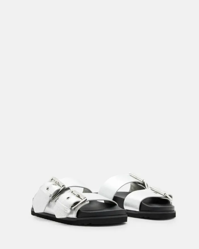 Sian Metallic Leather Sandals Metallic Silver Women AllSaints Shoes and Boots Sian Metallic Leather Sandals Metallic Silver Women AllSaints Shoes and Boots