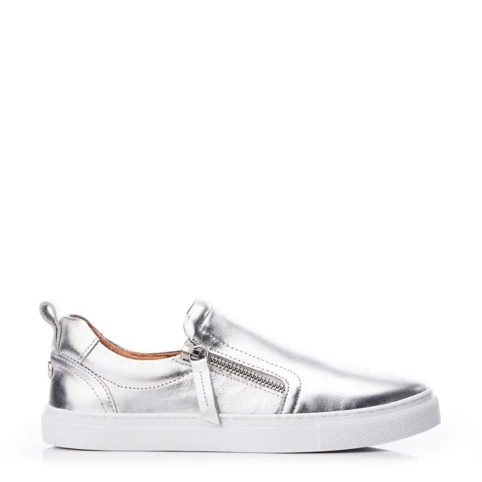SlipOn Trainers Women Moda In Pelle Bradly Silver Leather