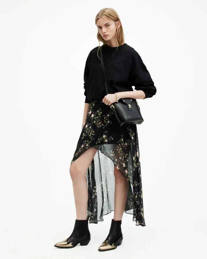 Slvina Oto Floral Asymmetric Maxi Skirt Black Women AllSaints Skirts and Shorts