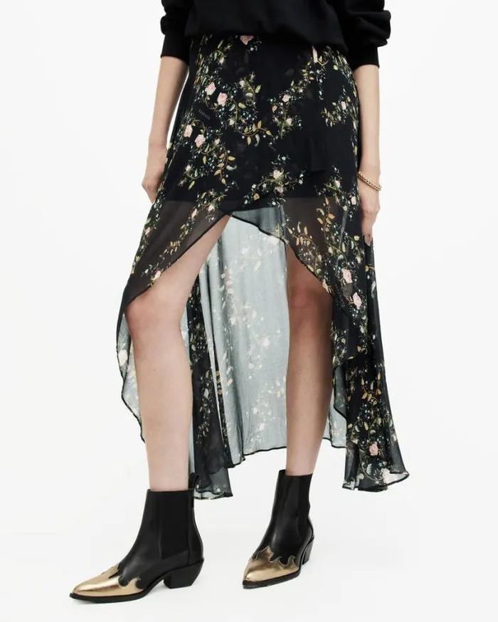 Slvina Oto Floral Asymmetric Maxi Skirt Black Women AllSaints Skirts and Shorts Slvina Oto Floral Asymmetric Maxi Skirt Black Women AllSaints Skirts and Shorts