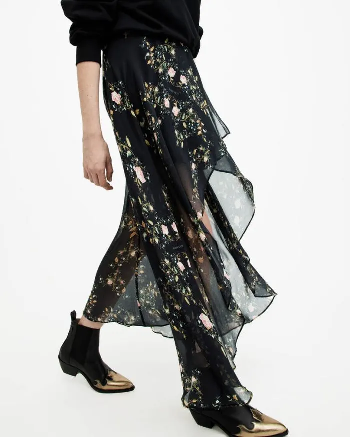 Slvina Oto Floral Asymmetric Maxi Skirt Black Women AllSaints Skirts and Shorts Slvina Oto Floral Asymmetric Maxi Skirt Black Women AllSaints Skirts and Shorts