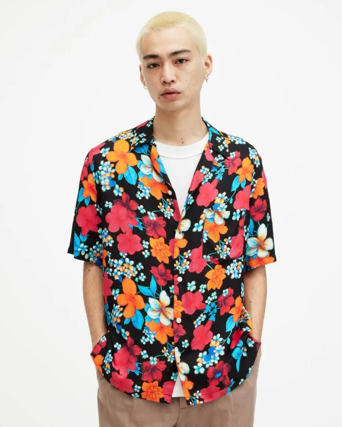 Spiros Floral Print Relaxed Fit Shirt Jet Black Men AllSaints Shirts