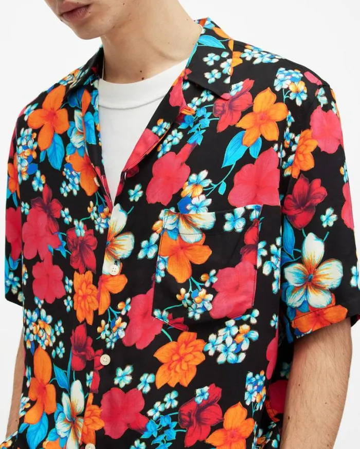 Spiros Floral Print Relaxed Fit Shirt Jet Black Men AllSaints Shirts