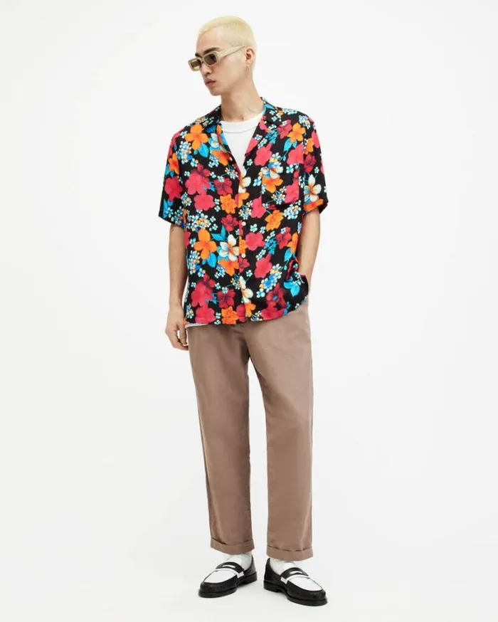 Spiros Floral Print Relaxed Fit Shirt Jet Black Men AllSaints Shirts