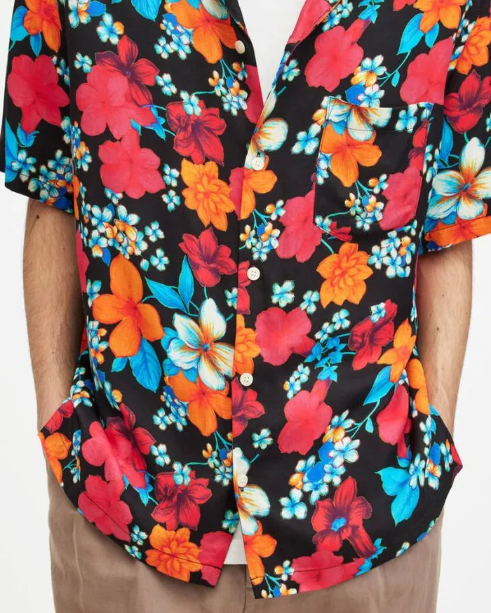 Spiros Floral Print Relaxed Fit Shirt Jet Black Men AllSaints Shirts