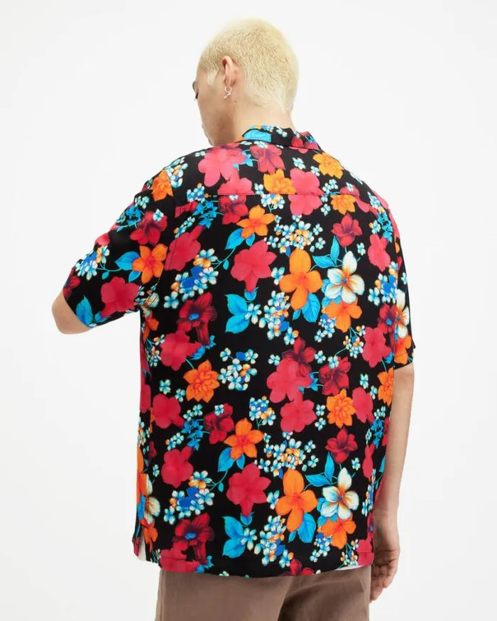 Spiros Floral Print Relaxed Fit Shirt Jet Black Men AllSaints Shirts