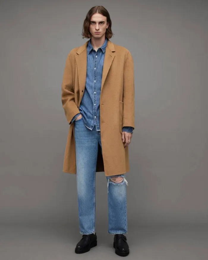 Stano Oversized Wool Blend Coat Deep Camel Men AllSaints Jackets and Coats