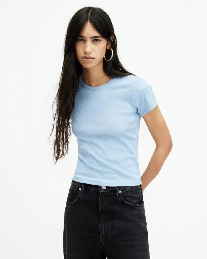 Stevie Slim Fit Short Sleeve TShirt Blue Marl Women AllSaints Tops and Shirts