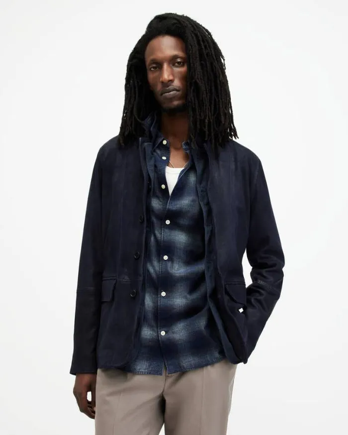 Survey Double Layered Leather Blazer Mcway Blue Men AllSaints Jackets and Coats