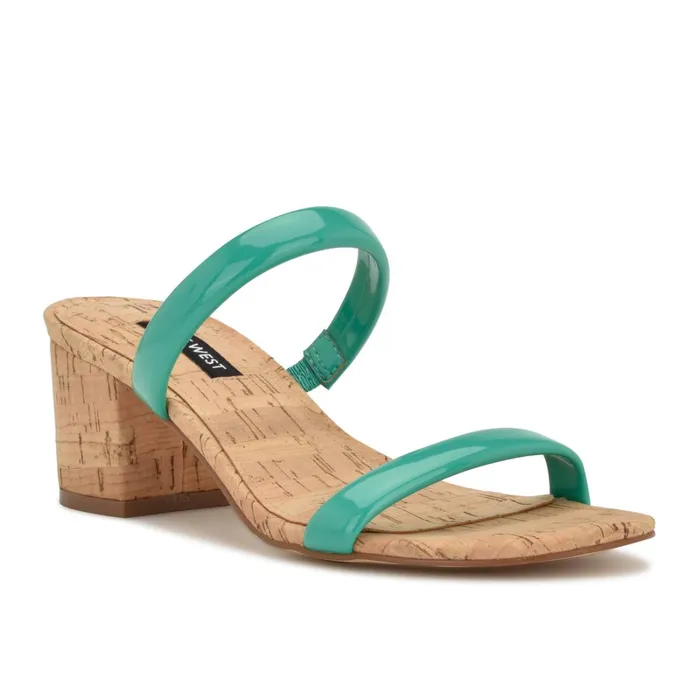 Tae Heeled Slide Sandals Emerald Green Cork Women Nine West Low Heel Tae Heeled Slide Sandals Emerald Green Cork Women Nine West Low Heel