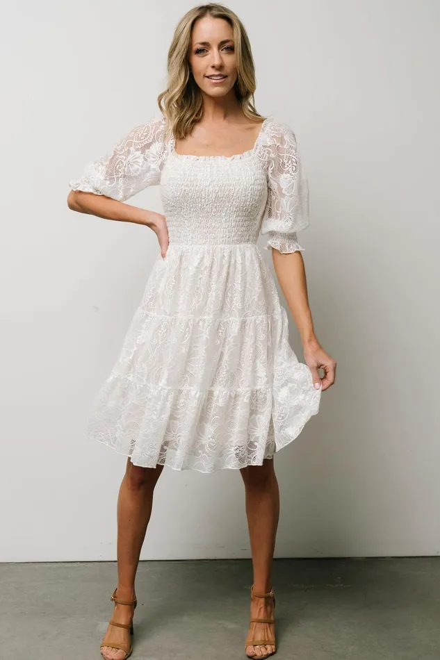 Tate Smocked Lace Short Dress Off White Women Baltic Born Bridal