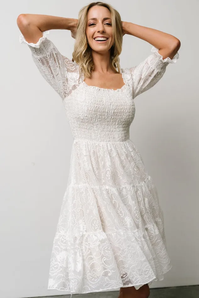 Tate Smocked Lace Short Dress Off White Women Baltic Born Bridal