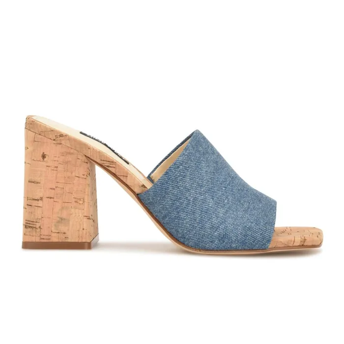 Teice Heeled Slide Sandals Blue Denim Women Nine West Mid Heels