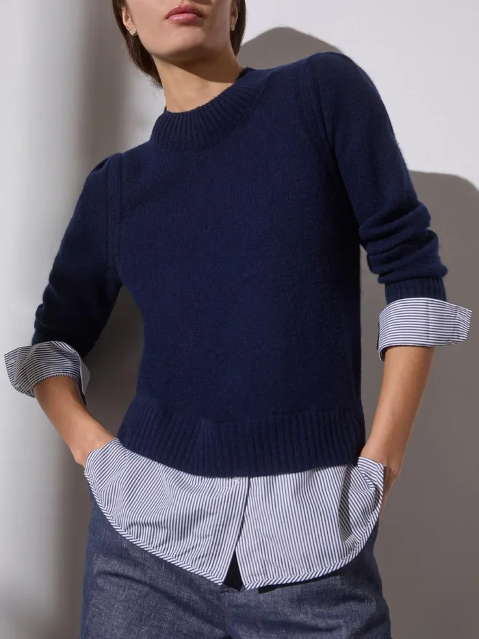 The Eton Layered Crew Looker Navy With Stripe Woven Underlayer Women Brochu Walker Sweaters The Eton Layered Crew Looker Navy With Stripe Woven Underlayer Women Brochu Walker Sweaters