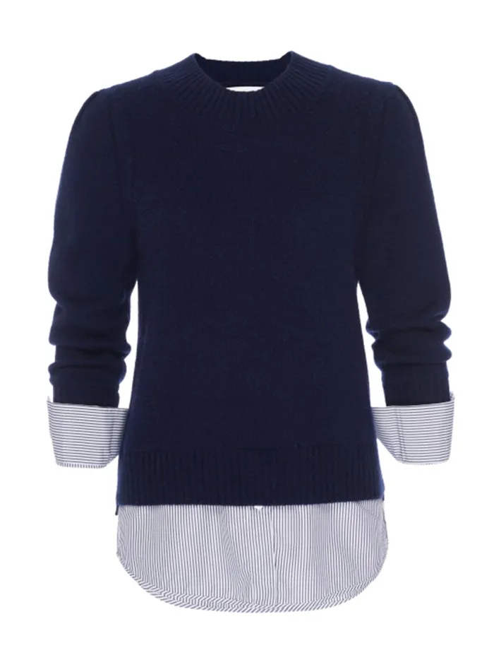 The Eton Layered Crew Looker Navy With Stripe Woven Underlayer Women Brochu Walker Sweaters