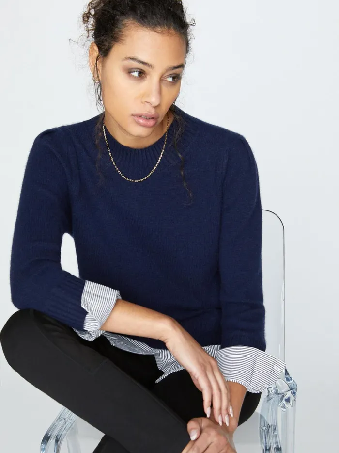 The Eton Layered Crew Looker Navy With Stripe Woven Underlayer Women Brochu Walker Sweaters