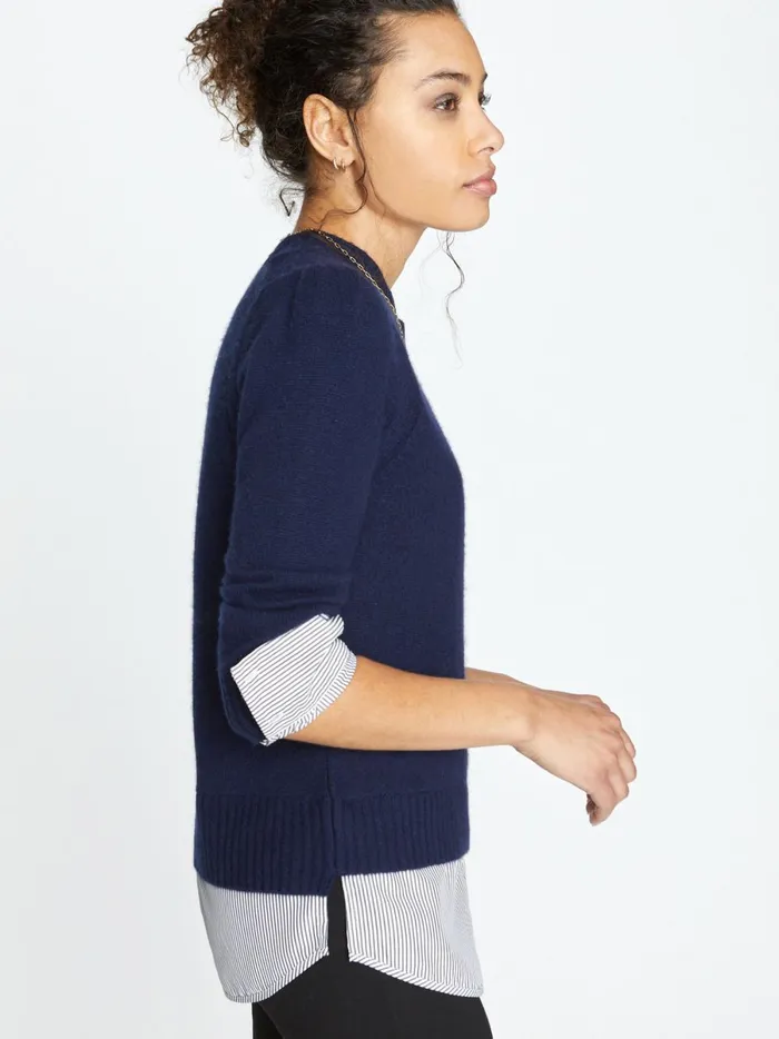 The Eton Layered Crew Looker Navy With Stripe Woven Underlayer Women Brochu Walker Sweaters