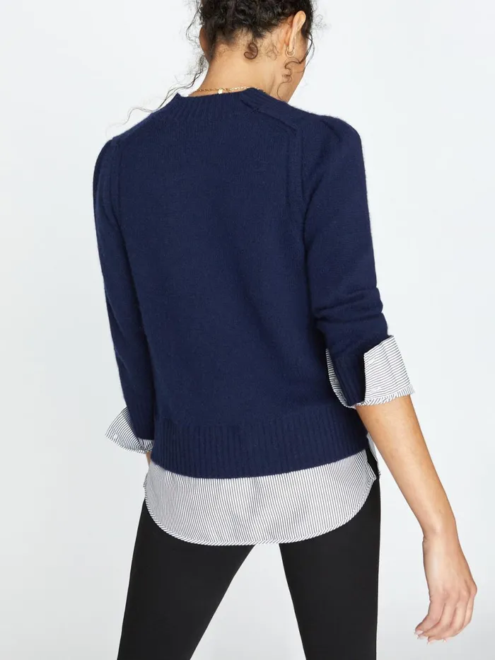 The Eton Layered Crew Looker Navy With Stripe Woven Underlayer Women Brochu Walker Sweaters