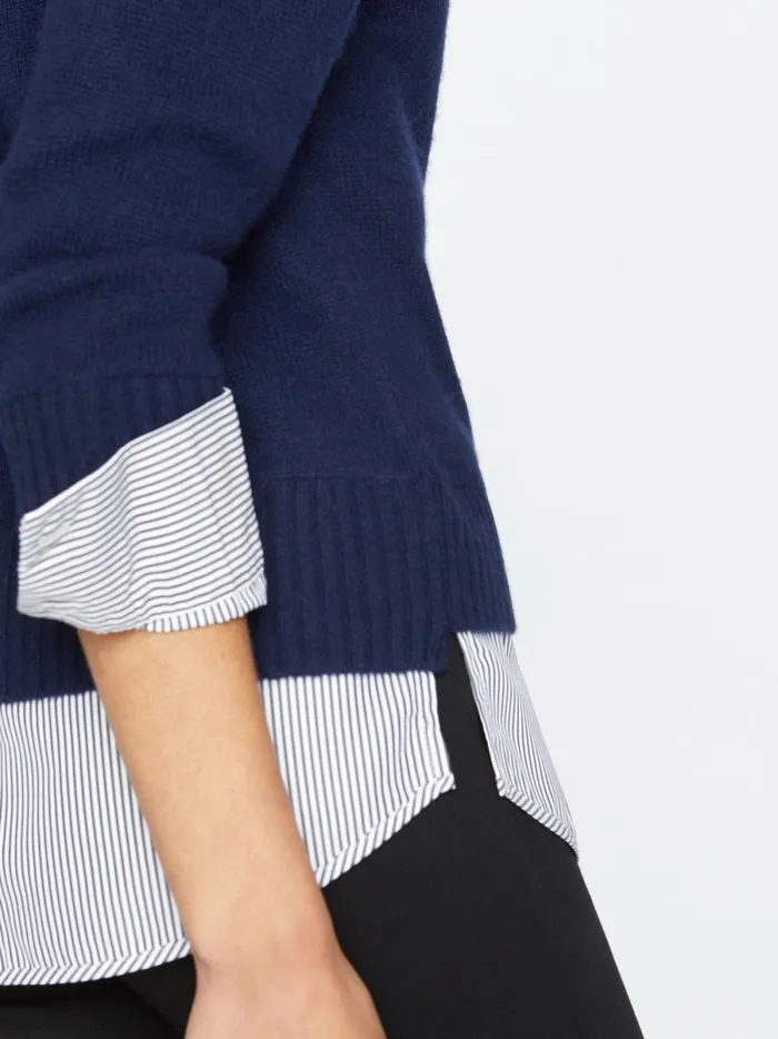 The Eton Layered Crew Looker Navy With Stripe Woven Underlayer Women Brochu Walker Sweaters