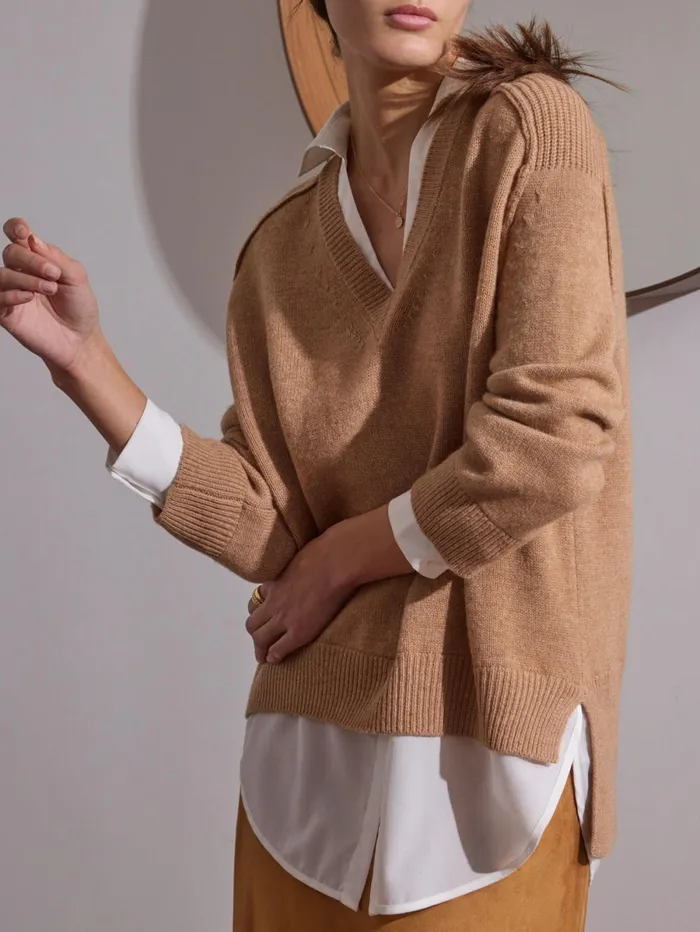 The Looker Layered VNeck Camel With White Underlayer Women Brochu Walker Looker Sweaters The Looker Layered VNeck Camel With White Underlayer Women Brochu Walker Looker Sweaters