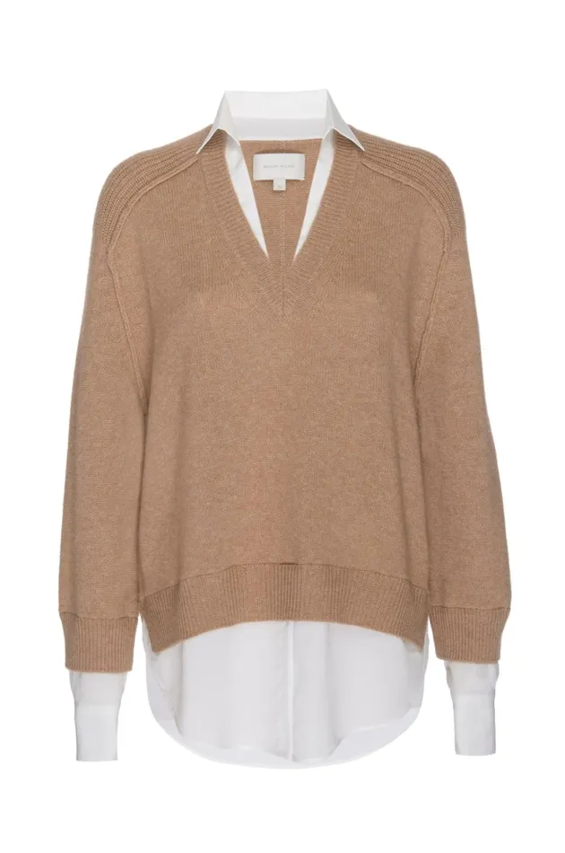 The Looker Layered VNeck Camel With White Underlayer Women Brochu Walker Looker Sweaters