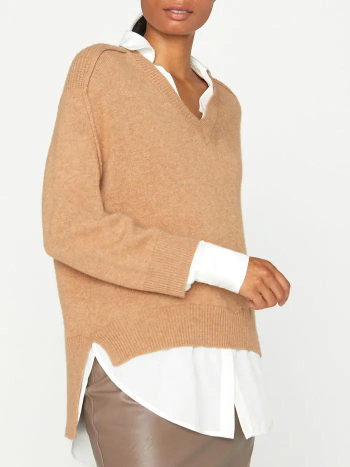 The Looker Layered VNeck Camel With White Underlayer Women Brochu Walker Looker Sweaters