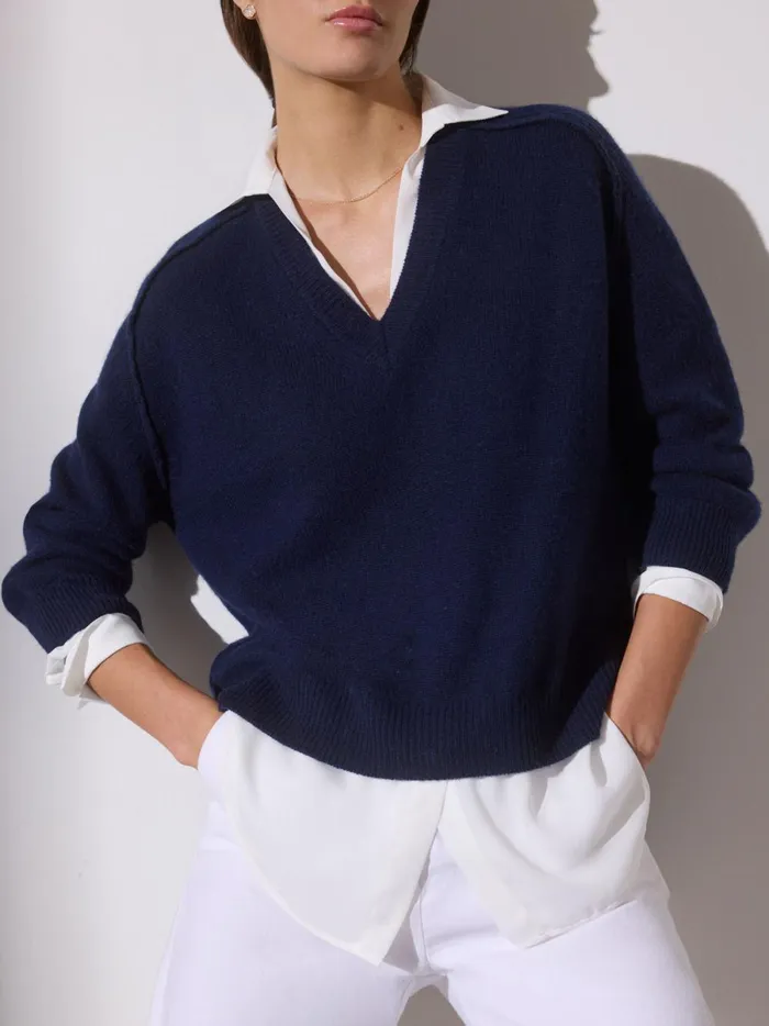 The Looker Layered VNeck Navy With White Underlayer Women Brochu Walker Looker Sweaters The Looker Layered VNeck Navy With White Underlayer Women Brochu Walker Looker Sweaters