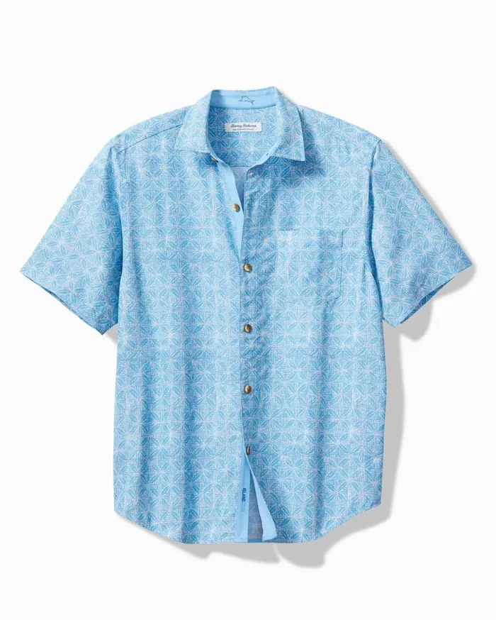 Tommy Bahama Coconut Point Fleur De Geo IslandZone Camp Shirt Chambray Blue Men Shirts