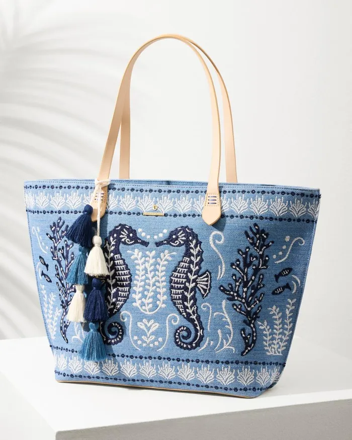 Tommy Bahama Embroidered Fiesta Crab Tote Blue Women Handbags and Clutches