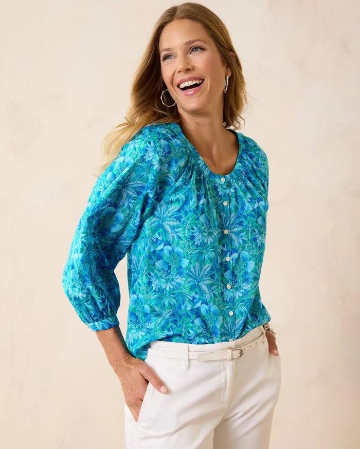 Tommy Bahama Oceanside Views Talulla Silk Camp Shirt Coconut Women Tops and Shirts