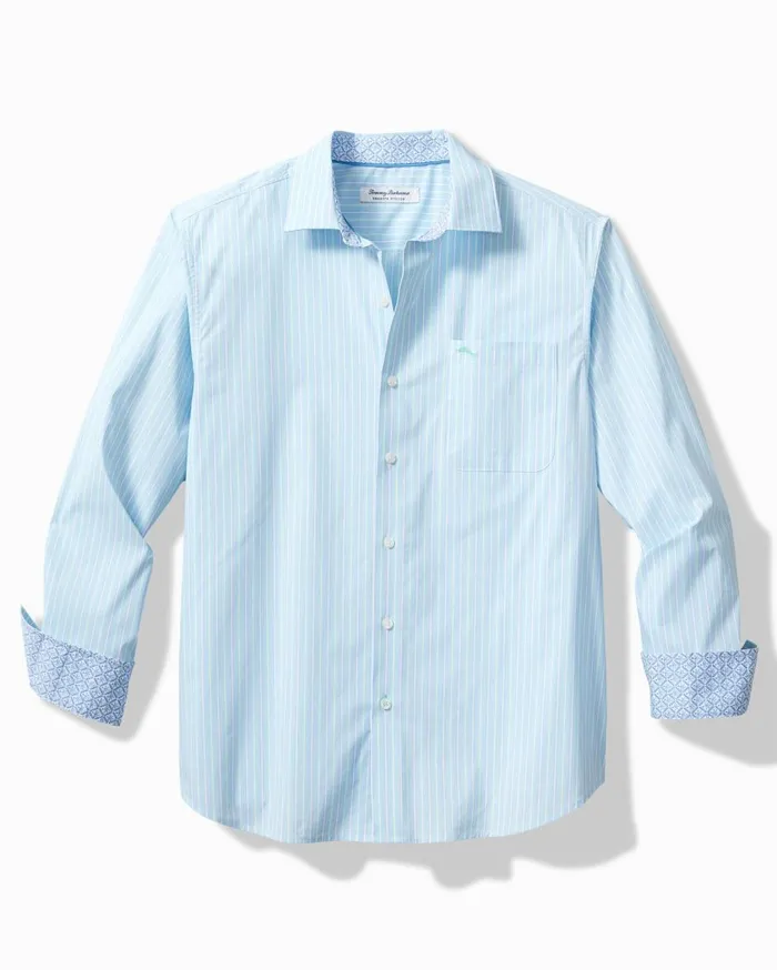 Tommy Bahama Sarasota Stretch Verde Stripe IslandZone Shirt Aqua Aloha Men Shirts