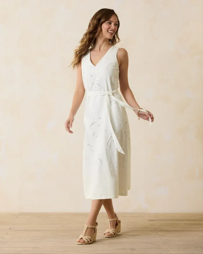 Tommy Bahama Two Palms Monstera Eyelet Linen Midi Dress White Women Dresses