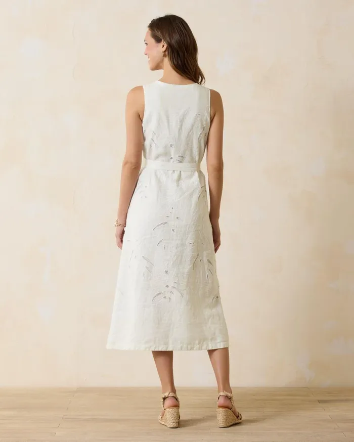 Tommy Bahama Two Palms Monstera Eyelet Linen Midi Dress White Women Dresses