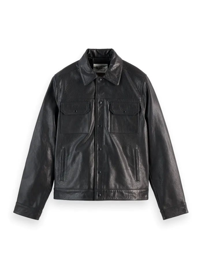 TRUCKER LEATHER JACKET Black Men Scotch and Soda Jackets and Coats